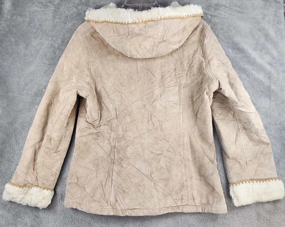 Sonoma Jean Company Leather Jacket Womens Large Tan Pig Suede Hooded Sherpa Zip - Image 2 of 4