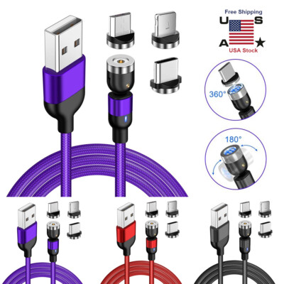 Cable Cargador Magnético 3 En 1 - USB-C, Micro USB, Lightning - Carga Rápida 3A, 180° Giratorio, 1m Y 2m
