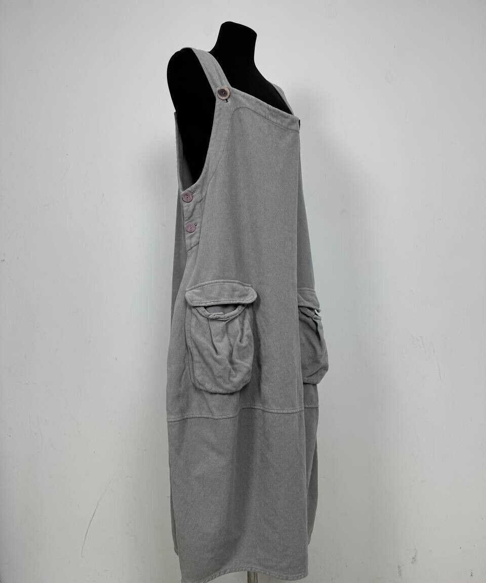 Grizas Two Pockets Grey Cotton Dungarees Maxi Dress With Purple