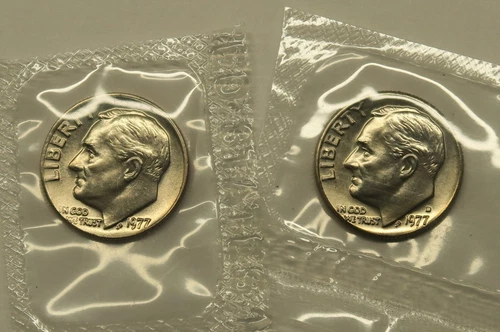 1977 P & D Uncirculated Roosevelt Dimes in Mint Cello, Free Shipping
