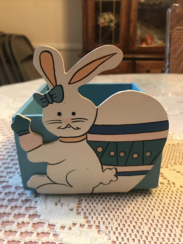Small Easter Decor Bunny Plant Planter Blue Wooden- 4.5" Square X 2 & 1/8" H