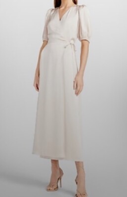 Express Beige Satin Cap Sleeve Wrap Waist Tie Maxi Cocktail Dress Sz XS