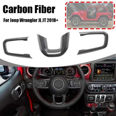 For Jeep Wrangler JL JT 2018+ Carbon Fiber Steering Wheel Cover Trim 3PCS/SET