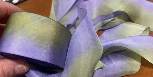 silk ribbon 1.5" bias hand dyed 1yd made in USA lavender green - Picture 2 of 4