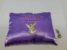 DISNEY PARK TINKERBELL PURPLE PILLOW GOOD THINGS COME IN SMALL PACKAGES USED