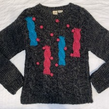 Vintage 80  s Womens Med Sweater Acrylic Chunky Gray Teal Pink Korea Geometric