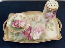 Antique RS Germany Porcelain Dresser Vanity Set Tray, Hat Pin Holder Powder Jar 