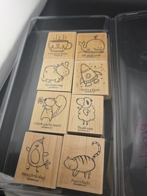 STAMPIN' UP Pun Fun 8 Stamp Set Wood Rocket Cat Whale Hippo Sheep Card Scrapbook
