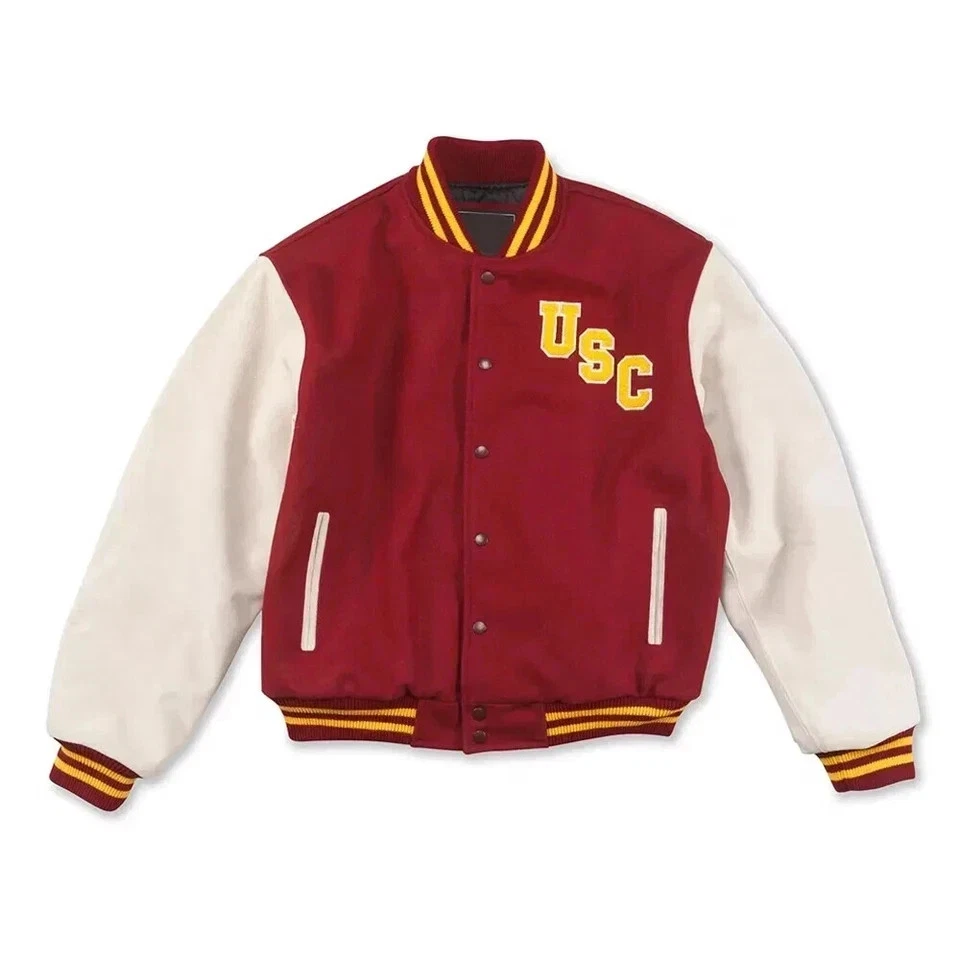 USC Trojans Maroon Wool and White Leather Sleeves Letterman Varsity Jacket