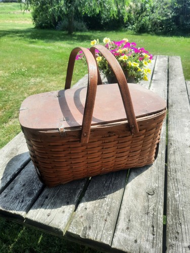 Vintage All-Wood Picnic Basket Large Hinged Lid Swing Handles Rustic Farmhouse