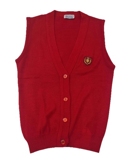VTG Brunny Red Sweater Vest Women’s USA Made Button Front Crest Preppy  Sz Med.