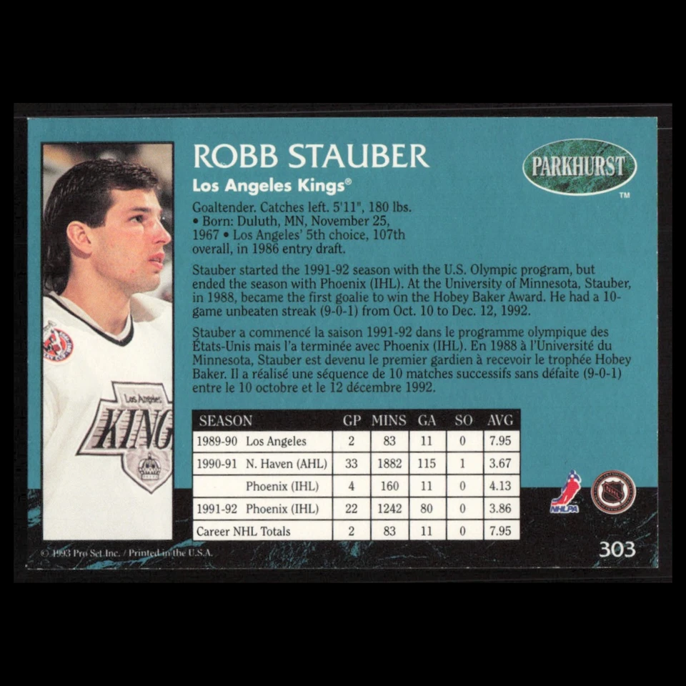 Robb Stauber Rookie #303 1992 Parkhurst Los Angeles Kings Hockey Card NHL NM - Image 2 of 3