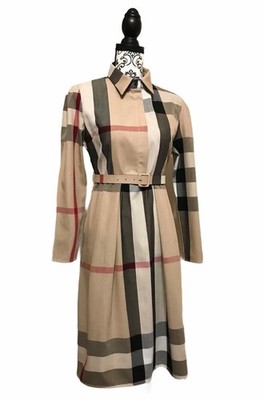 Plaid Check Belted Shirt Midi Dress Women's Beige Long Sleeve Pleated Sz  XS-XXL | eBay