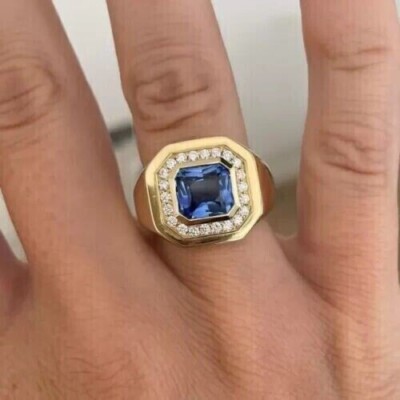 2.25 Ct Asscher Cut Lab Created Sapphire Men's Band Ring 14K Yellow Gold Plated