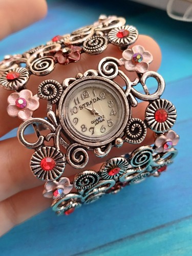 New Fully Working Strada Quartz Floral Enamle Gem Cuff Bracelet Watch - Picture 9 of 12