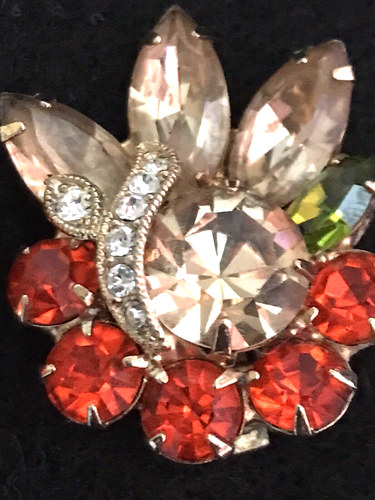 EISENBERG ICE Crystal Rhinestone BROOCH & CLIP EARRINGS Set ORANGE CLEAR GREEN - Picture 13 of 19