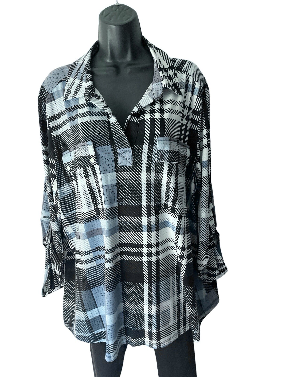Jones New York Top Womens 1X Blue Plaid Tunic Stretch Knit V Neck Collar Pockets