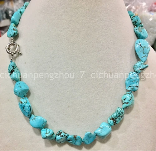 Natural Stone Blue Turquoise 10-14mm Irregular Beads Gemstone Chain Necklace 18"