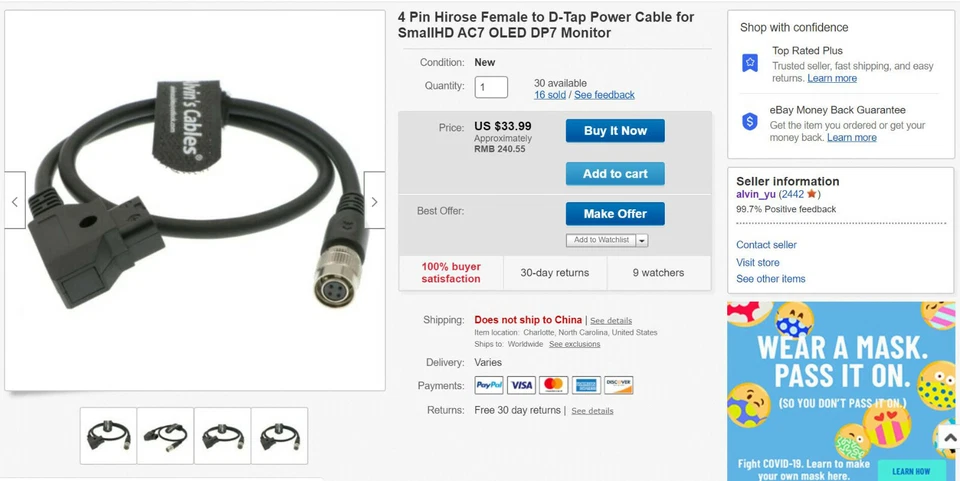 Cable de alimentación hembra Hirose de 4 pines D Tap para monitor SmallHD AC7 OLED DP7 45 cm Foto 2 de 4