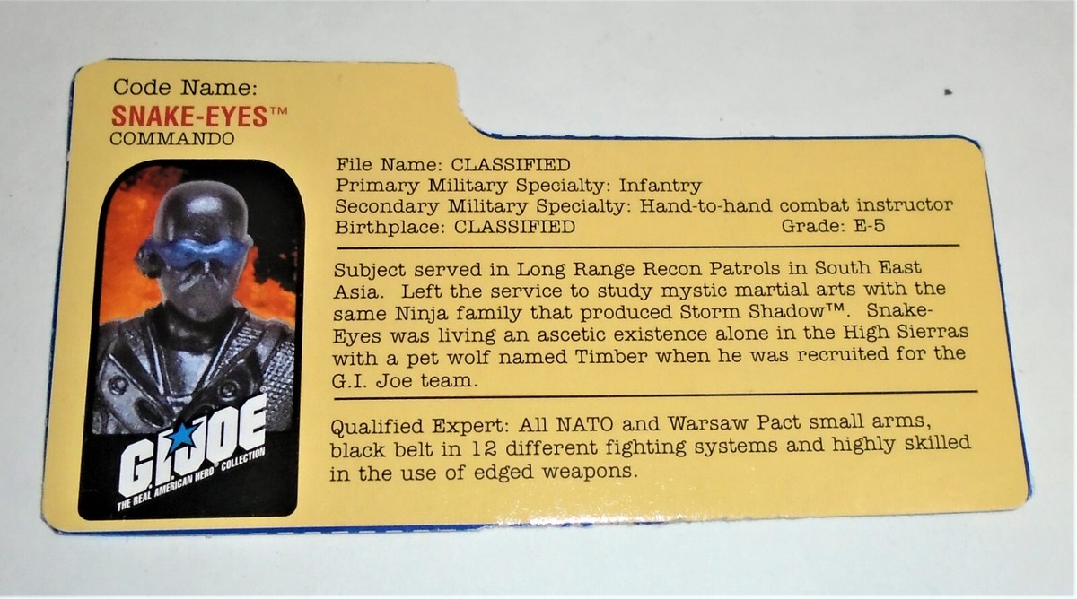 G I JOE File I.D. Card Filecard 2000 Snake Eyes V9 | eBay