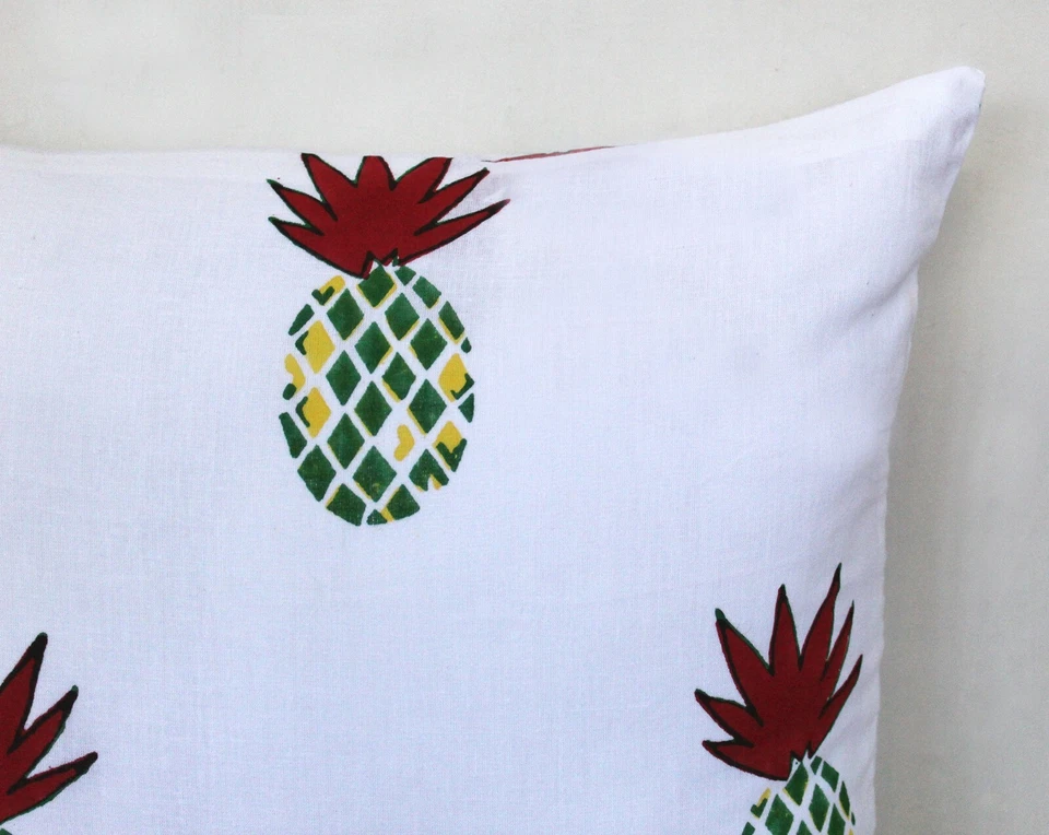 Juego de 4 fundas de almohada de algodón 16x16 bloque de mano indio piña roja funda de cojín Foto 3 de 4