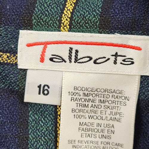 Vintage Talbots Dress Size 16 Plaid Pleated Skirt School Girl Green Rayon Wool - Picture 7 of 10
