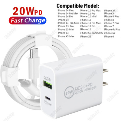 QC PD 20W Fast Charger Power Adapter Cube For iPhone 14 13 12 11 8 7 6 USB Cable