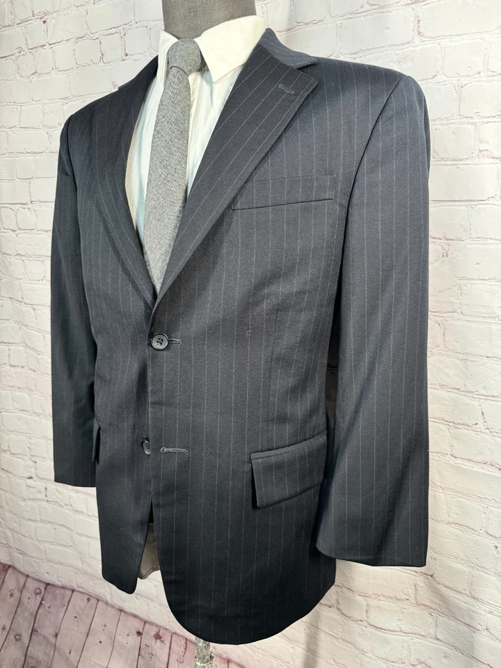 GEOFFREY BEENE Mens Navy Blue Pinstripe Pleated 2 Pc Suit 40S Jacket 33x27 Pant - Image 3 of 4