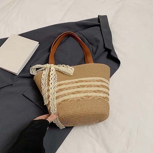 Sweet Woven Tote Bag Silk Ribbon Summer Beach Bag Vacation - Picture 14 of 15
