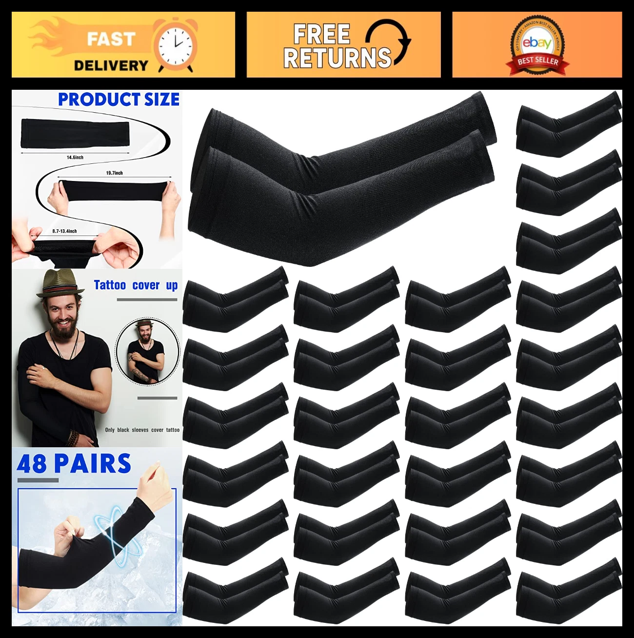 48 Pairs Cooling Arm Sleeves UV Protection Compression Tattoo Cover for Sports