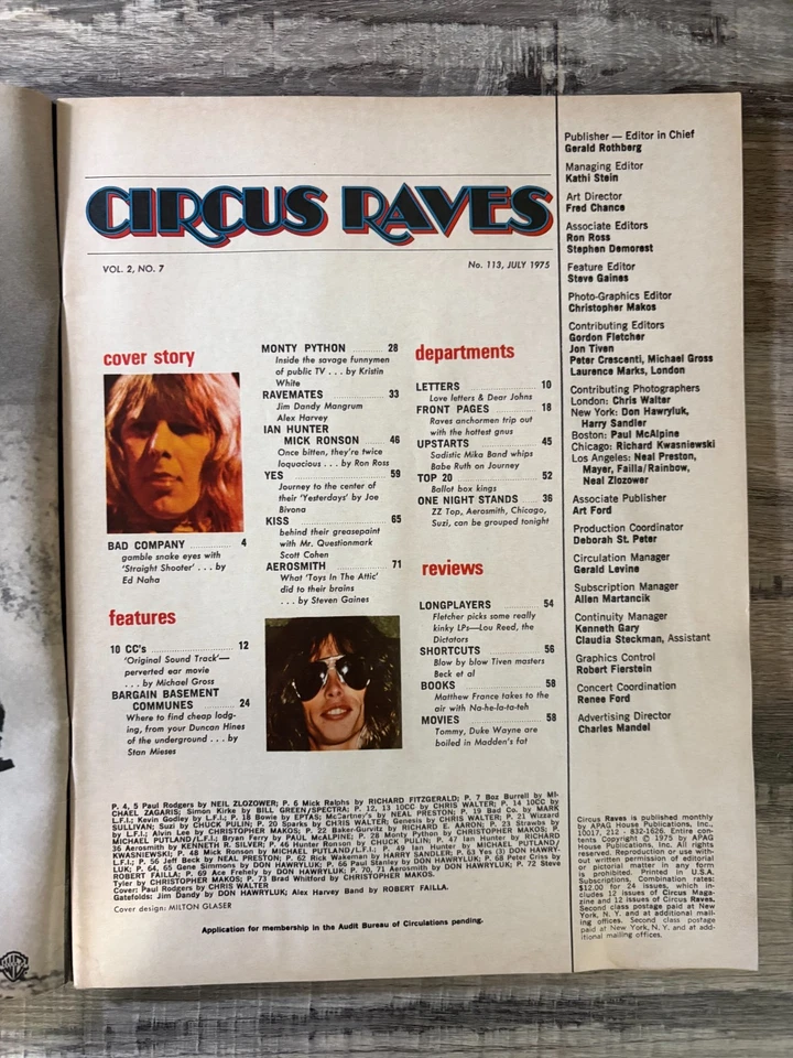 S CIRCUS Magazine JULY 1975 PAUL ROGERS, BAD COMPANY, 10cc, KISS, AEROSMITH & - Image 2 of 4