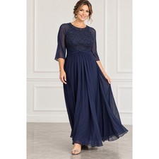Eliza J Evening Gown Womens 16 Elegant Navy Blue Beaded Lace Maxi Sheer Sleeve