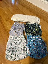 Lot of 4 Cloth Pocket Diapers w/ Inserts, Multicolor, One Size Fits Most