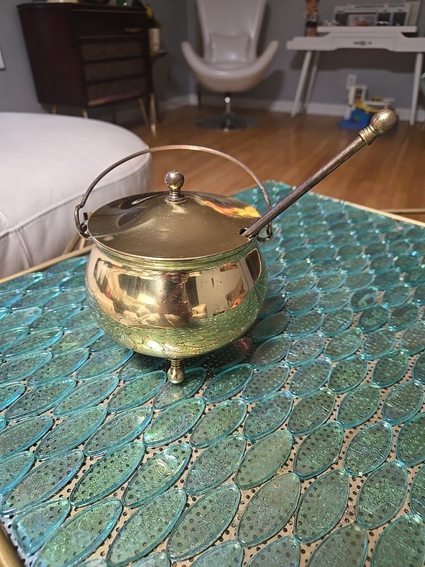 Vtg Brass Tone Smudge Pot Cauldron Fire Starter w/Lid And Pumice Wand