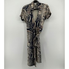 Diane von Furstenberg Avara 100% Silk Snakeskin Wrap Dress Navy Tan 6 Lux Office