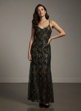 Altar'd State Womens Sleeveless Metallic Gold Mesh Lace Long Maxi Dress Medium