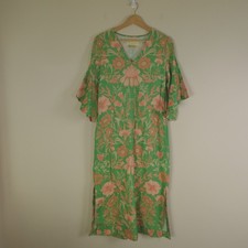 Mestiza Dress Womens XS Green Pink Floral Linen Blend Caftan Midi