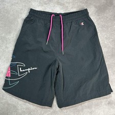 Vintage Champion Lined Shorts Men's M 10  Black Nylon Embroidered Logo Spellout