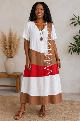 Zanzea XL Colorblock Crinkle Cotton Maxi Dress Boho Art to Wear Zigzag Applique