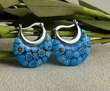 Blue Daisy Murano Basket Style Glass Earrings In Luxury 316L Stainless Steel