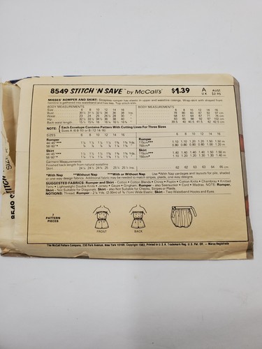 McCalls Stitch N Save 8549 Sewing Pattern Misses Romper Skirt Size A 6-8-10 Cut - Picture 3 of 8