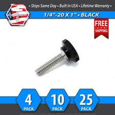 1/4"-20 x 1" Thumb Screw Stainless Steel - Black Round Knurled Knob - USA