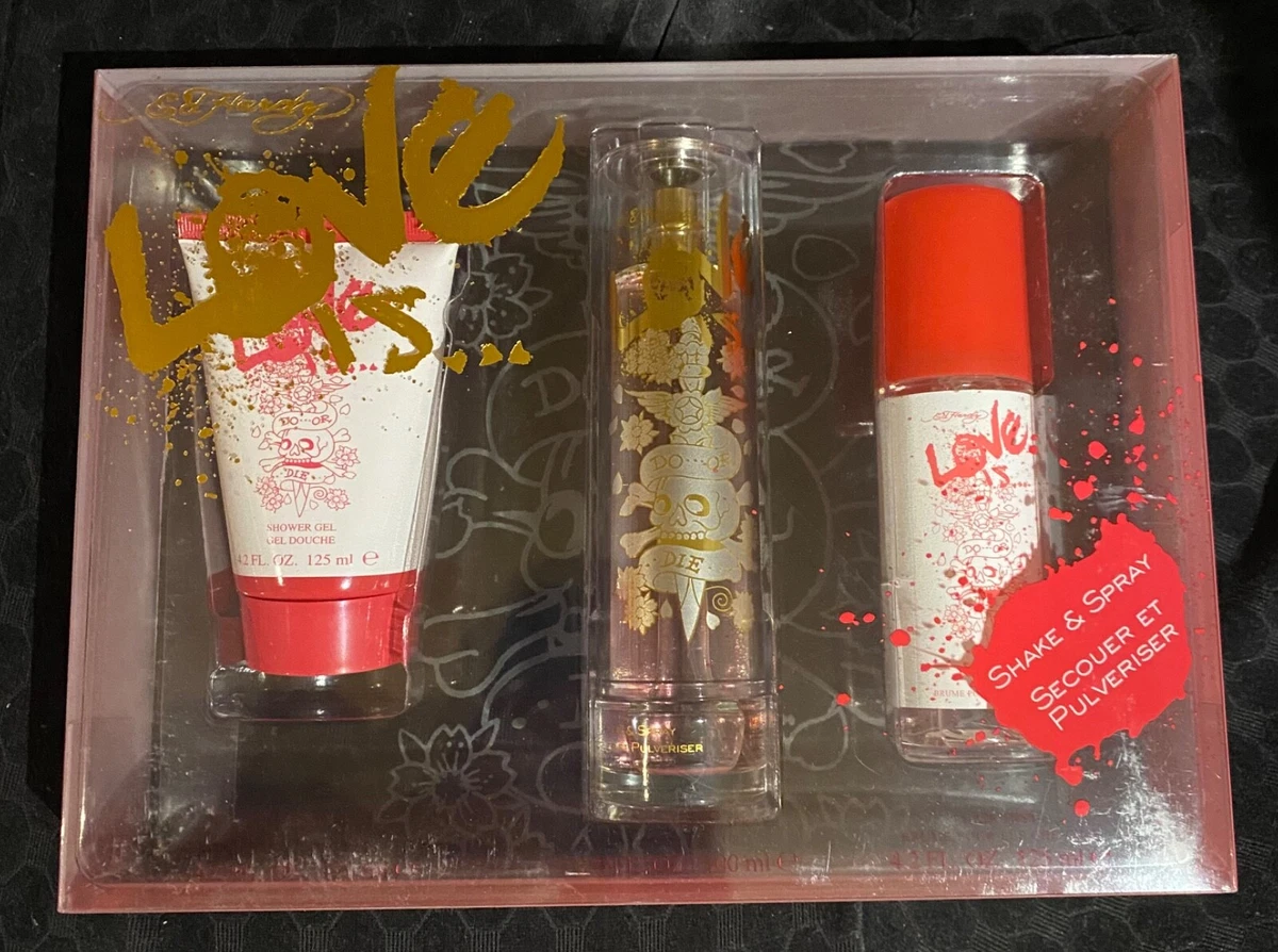 Ed Hardy Love is Fragrance Set of 3 Perfume Shower Gel Hair