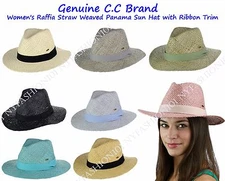 Genuine CC Brand Women's Raffia Straw Weaved Panama Sun Hat with Ribbon Trim