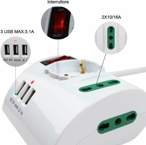 ciabatta Multipresa da Scrivania Tavolo con Presa 3 Prese 3 USB e interruttore - Foto 5 di 7