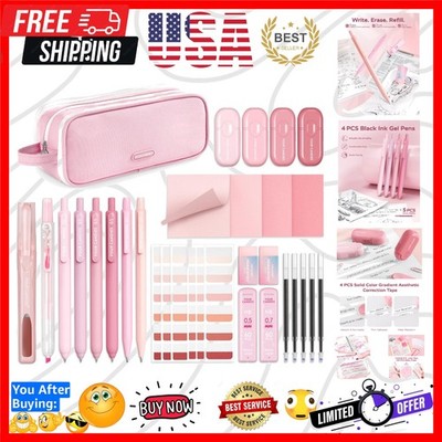 Pink School Supplies with Case, Gel Pens with Black Ink, Correction Tapes, Pa...