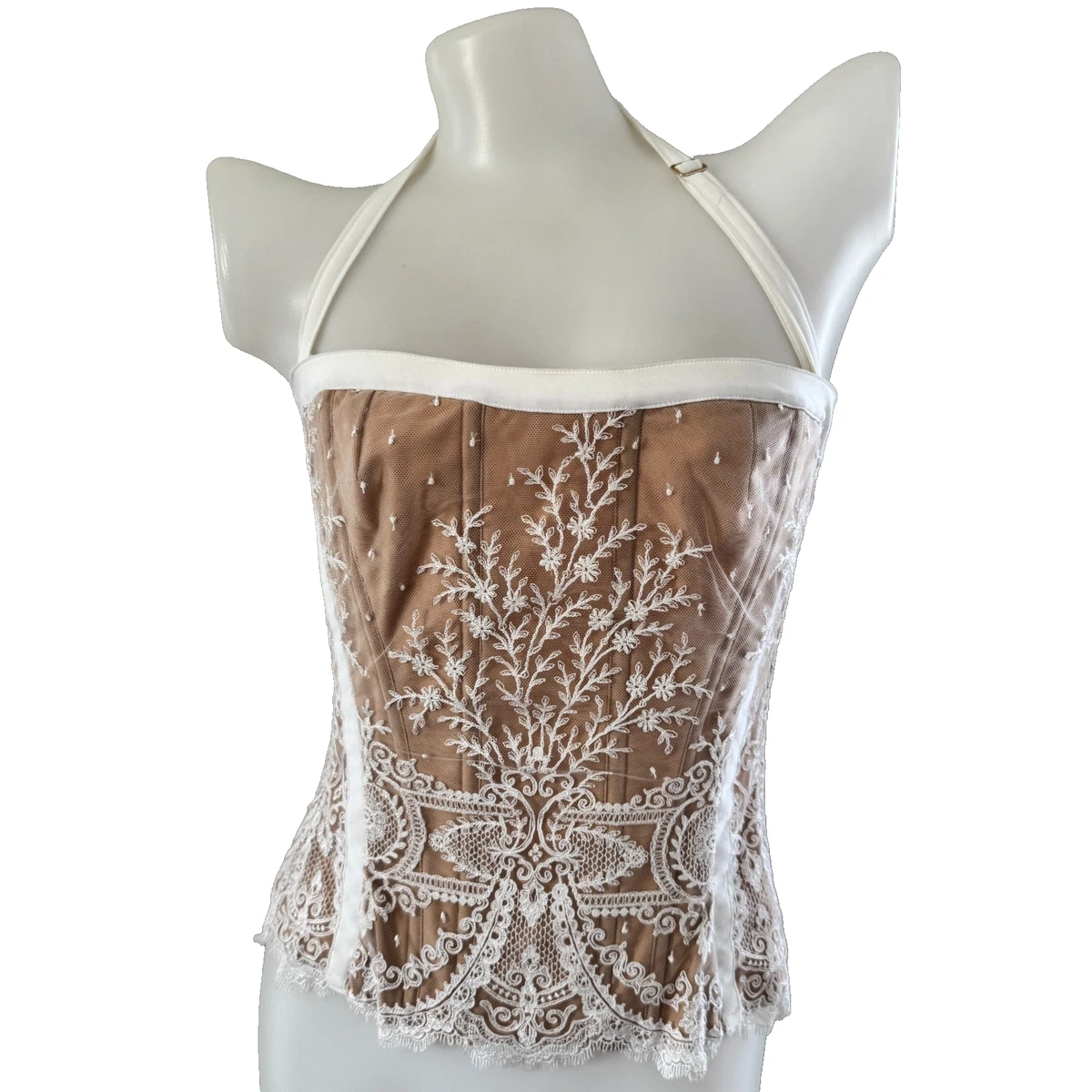 La Perla Off-White Lace 
Garter Corset LA PERLA -- White Lace Corset with Zip Front Boning Garters  main image 2