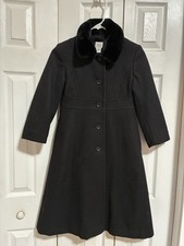 Talbots Kids Black Wool Dress Pea Coat Girls Faux Fur Trim Classic Long Size 7