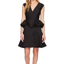 Halston Heritage Women's Black Ruffled Peplum Cap Sleeve Dress Size 4