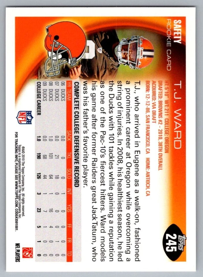 2010 Topps T.J. Ward Rookie Cleveland Browns #245 - Image 2 of 2